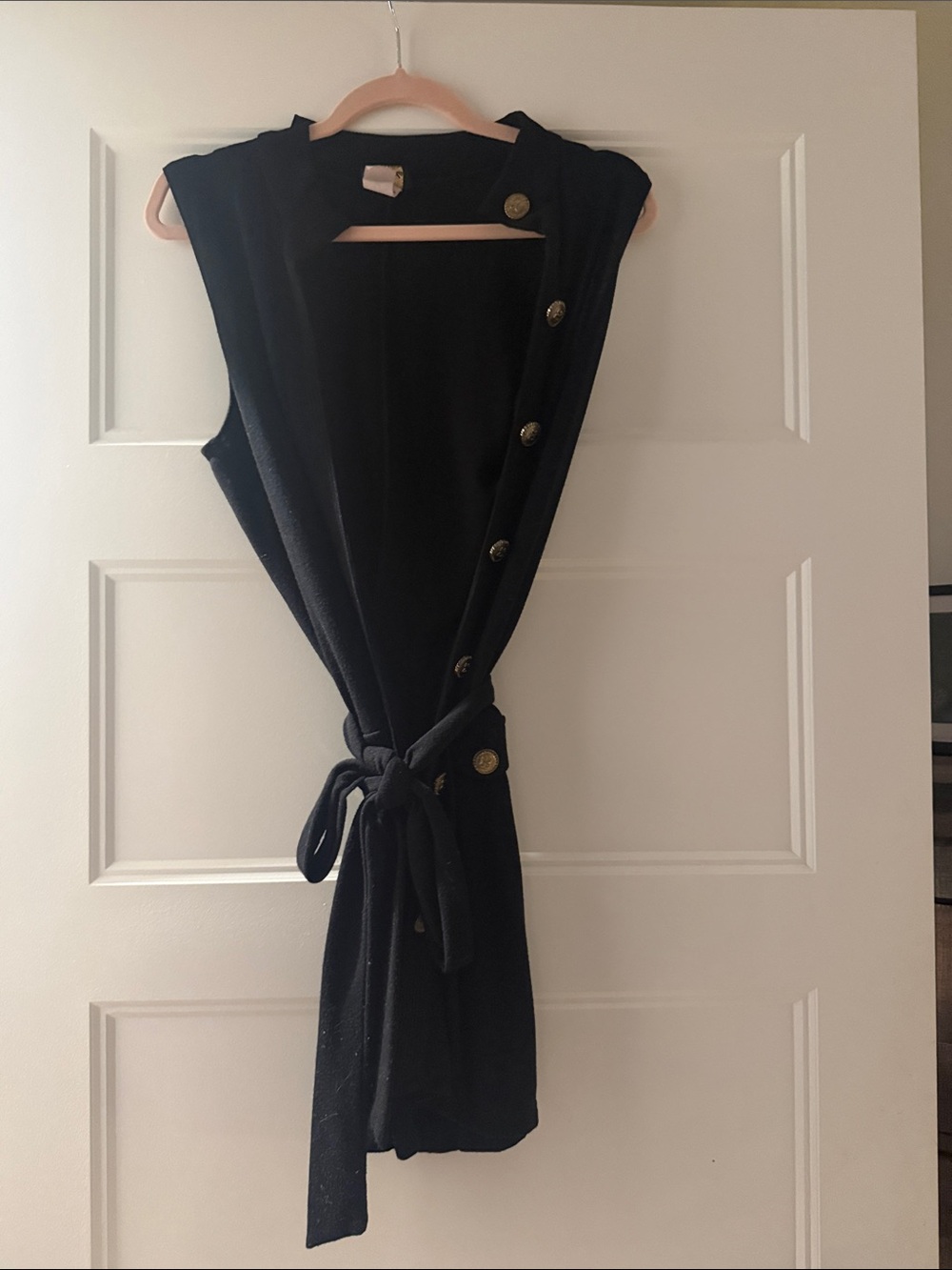 Belinda Black Sleeveless Knit Cardigan Vest with Gold Buttons & Tie Belt